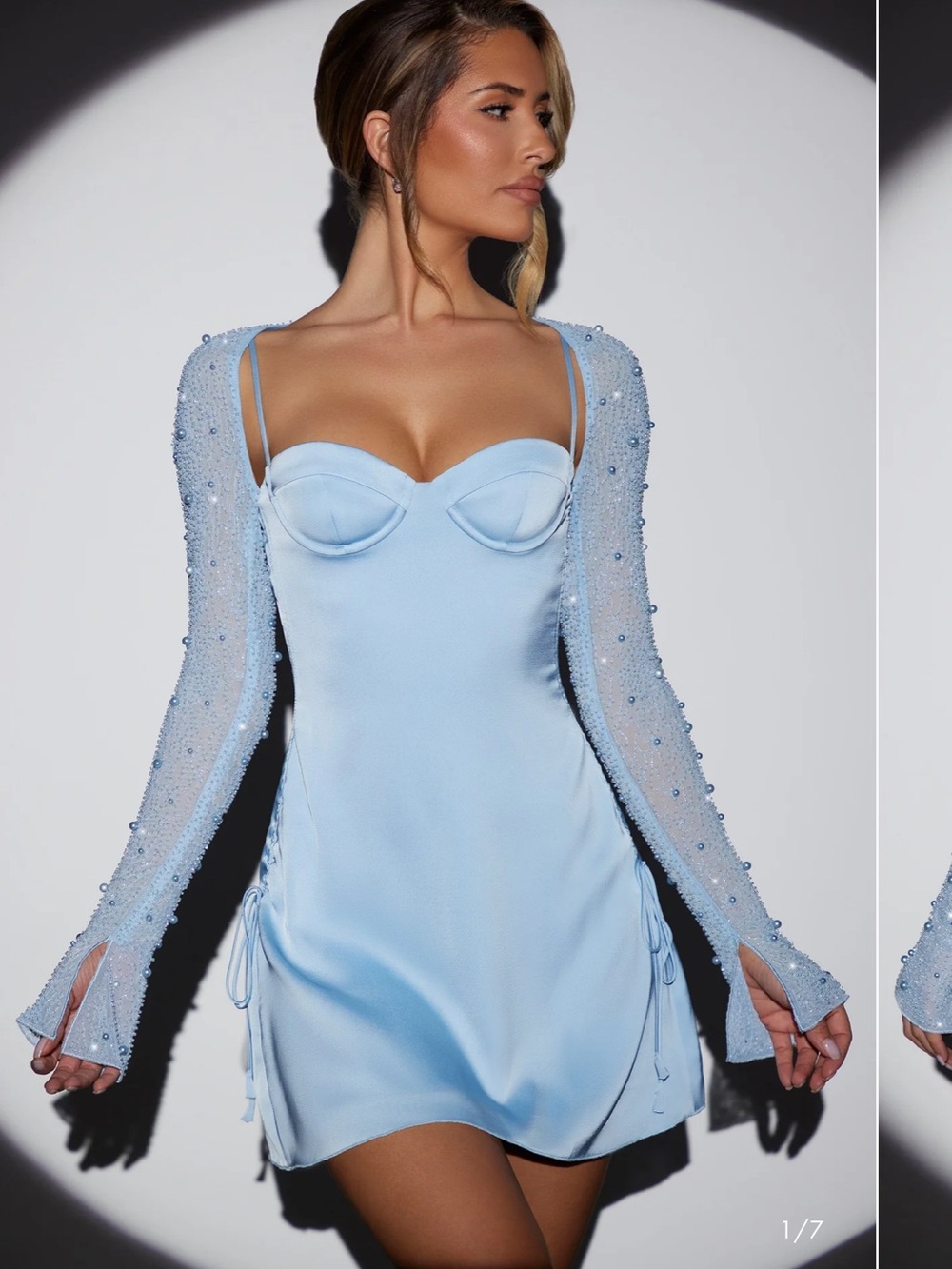 Oh Polly Light Blue Embellished Sleeve Mini Dress
